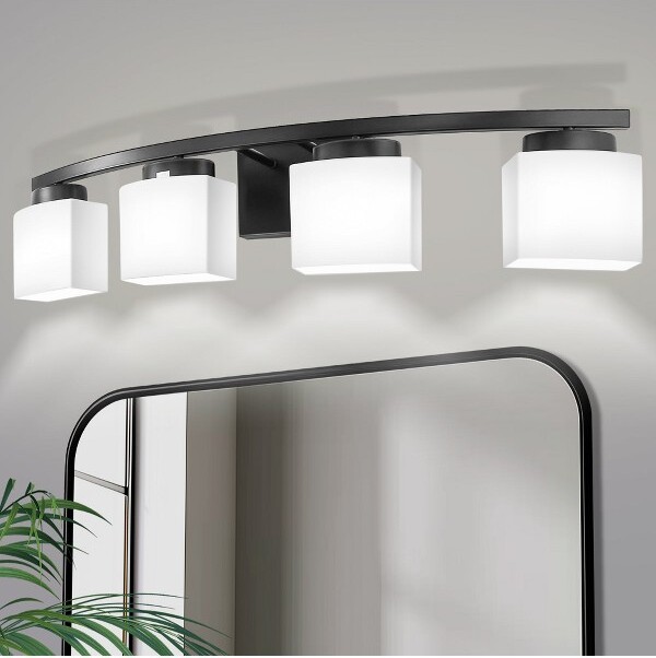 YANSUN33.5In.4-LightBlackModernSquareVanityLightwithCurvedArmsandMilkWhiteGlassShadesforBathroomorBedroom