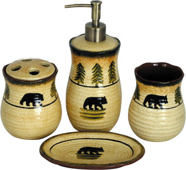 Paseo Road by HiEnd Accents Rustic Bear Ceramic Rustic Lodge Bear 4 Piece Bathroom Accessory Set
