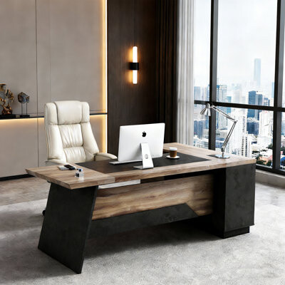 17 Stories Office Desk With Drawers 78.74In L-Shape Executive Desk Industrial Wood Desk With Storage Shelves Modern Computer Desk For Home Office Left