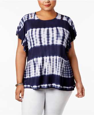 Style and Co Plus Size Tie-Dyed Stripe Flutter-Sleeve Top, Created for Macy's