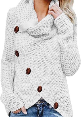 Celucke Womens Button Long Sleeve Sweater Sweatshirt Winter Warm Comfortable Turtleneck Coat Casual Jacket Pullover Tops Blouse Knit Shirt Daily Outwear White