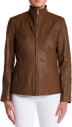 Cole Haan Leather Front Zip Wing Collar Jacket