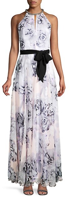 calvin klein printed halter ruffle gown