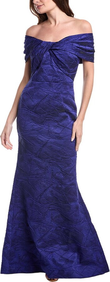 Teri Jon by Rickie Freeman Textured Jacquard Off Shoulder Twist Bodice Gown