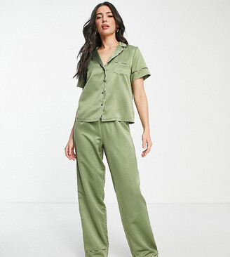 ASOS Tall ASOS DESIGN Tall mix & match satin pajama pants with animal print  piping in olive - ShopStyle