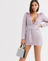 Thumbnail for your product : Saint Genies metallic puff sleeve dress with fabric buckle waist belt in lilac