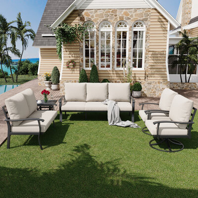 Winston Porter 5 PCS Outdoor Metal Conversation Set With 360° Swivel Rocking Chairs Sofa Loveseat & Coffee Table For Patio Garden Deck Or Poolside