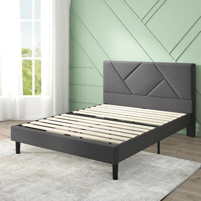 Blooming Judy Upholstered Platform Bed Frame, Modern Style Wood Slat Mattress Foundation, Easy Assembly, No Box Spring Needed, Eco-Friendly, Dark Grey, Queen