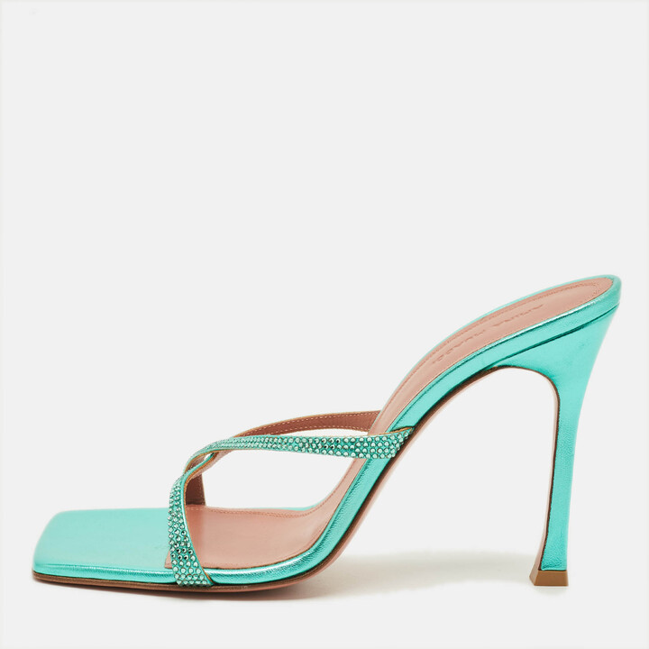 Amina Muaddi Adriana Crystal Embellished Size 39 Green Leather Slide Sandals