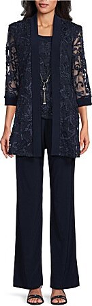 R & M Richards R M Richards Embroidered Soutache Mesh Lace 34 Sleeve Scoop Neck 2-Piece Pant Set