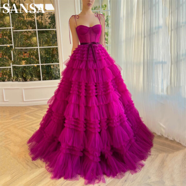 MCDV Sansa Sexy Spaghetti Strap Fuchsia فساتين السهرة Multilayer Tulle A-line Customized Prom Dress Princess Puffy Vestidos De Noche
