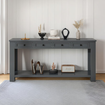 One Allium Way 63" Rustic Console Table with 4 Drawers & Open Shelf