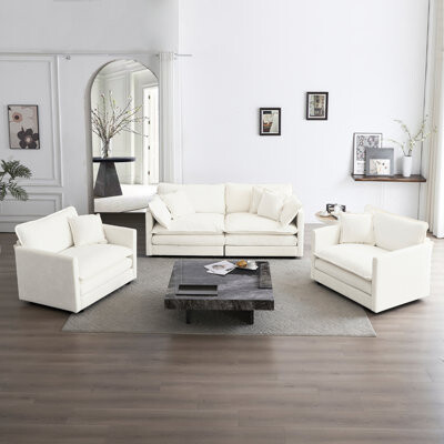 Latitude Run White Chenille 3 Piece . Includes Arm Pillows & Toss Pillows. Solid Wood. Breathable Fabric. Sponge. Space Saving Living Room Option. Comfortable And