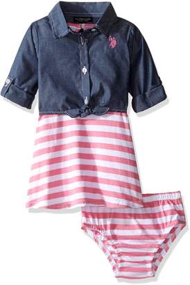 U.S. Polo Assn. Baby Girls' Striped Knit Skater Dress with Chambray Shirt-Jack