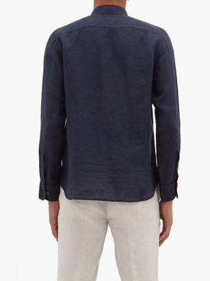 120% Lino Spread-collar Slubbed-linen Poplin Shirt - Navy
