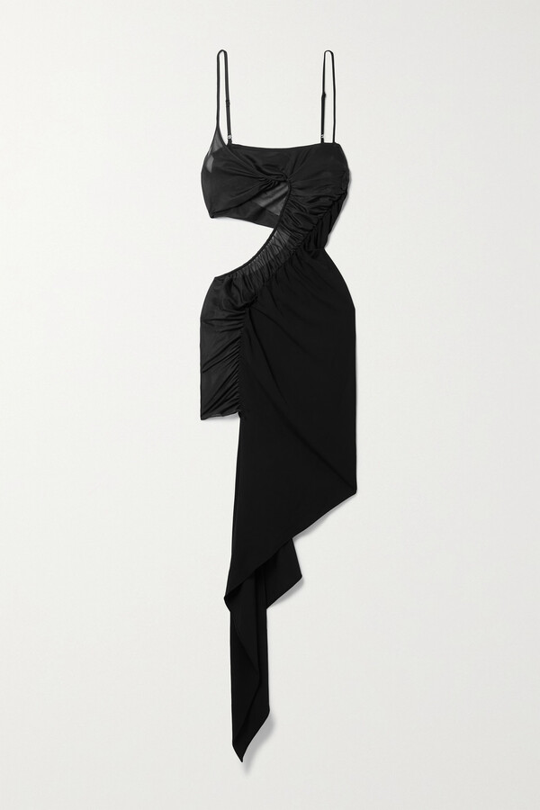 Thierry Mugler Asymmetric Cutout Tulle-trimmed Stretch-jersey Mini Dress - Black