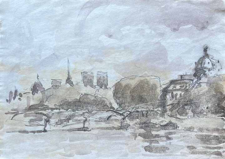 Maurice Mazeilie, French Impressionist Watercolor of Notre-Dame and the Parisian Riverbanks, 20th Century