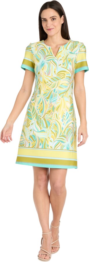 R & M Richards Women's Printed Short-Sleeve Knee-Length Dress - Yellow/aqua
