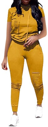 Just For Future Women Casual 2 Piece Sport Outfits Short Sleeve Ripped Hole Pullover Hoodie Sweatpants Set Jumpsuits - Yellow - X-Large