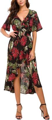 KorMei Womens Short Sleeve Floral High Low V-Neck Flowy Party Long Maxi Dress S