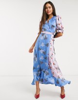 Liquorish wrap front maxi dress in pastel floral print mix
