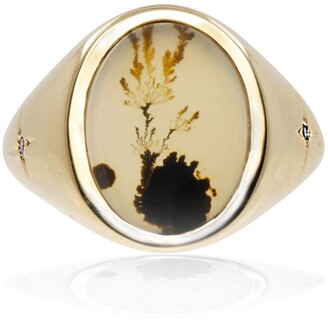 No 13 - Agate & Diamond Vertical Signet Ring 9Ct Solid Gold