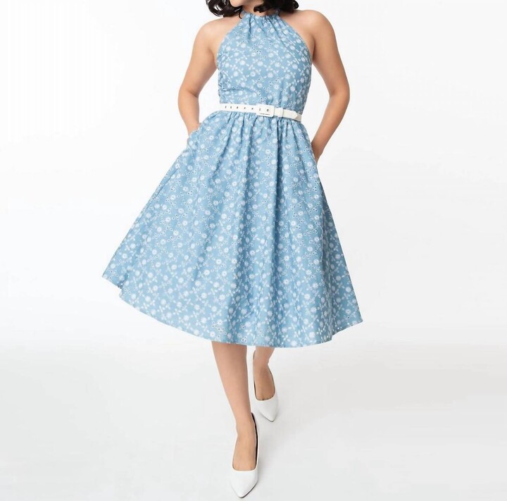 Unique Vintage Lombard Swing Dress In Chambray