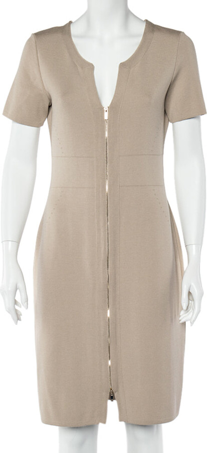 CH Carolina Herrera Beige Knit Zip Front Fitted Dress