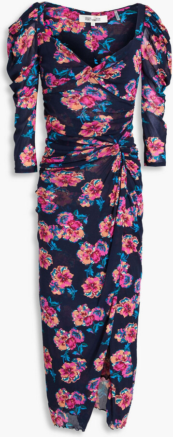 Pansy ruched floral-print stretch-mesh midi dress