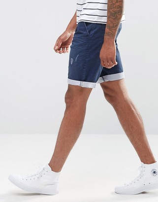 Celio Cotton Twill Short with Distressing and Contrast Turnup