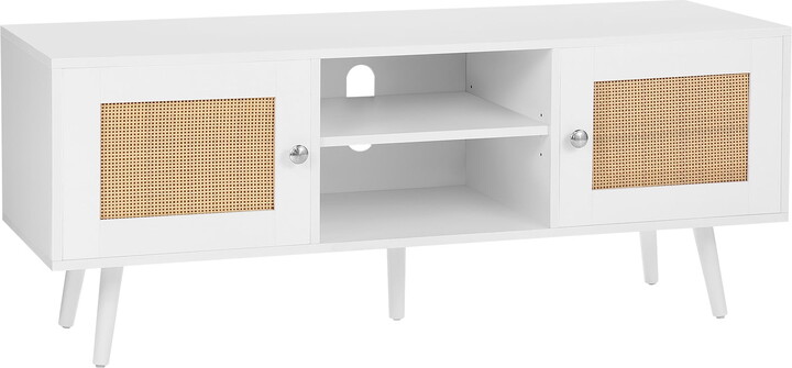 KFFKFF Wicker Television Stand, Bohemian Entertainment Center for 55" TVs, Contemporary Media Console with Flexible Shelving, Ideal for Living Spaces, Media Areas, in White