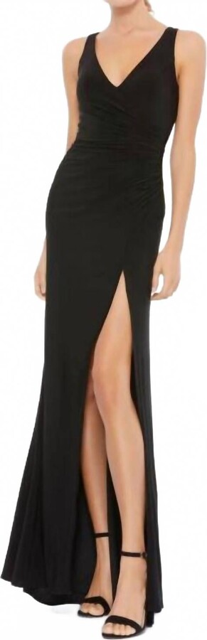 Leena for Mac Duggal High Slit Faux Wrap Dress In Black