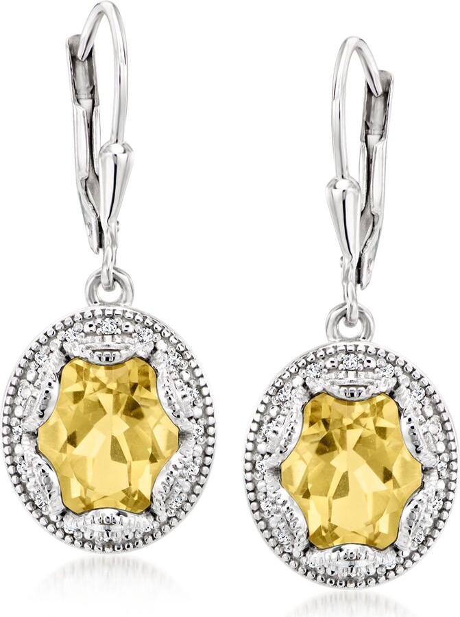 Ross-Simons Lemon Quartz and . Diamond Scalloped Drop Earrings in Sterling Silver