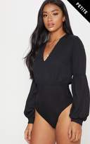Thumbnail for your product : PrettyLittleThing Petite Wila Black Woven V Neck Puff Sleeve Thong Bodysuit