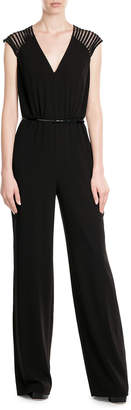 Halston Jumpsuit with Sheer Embroidered Shoulders