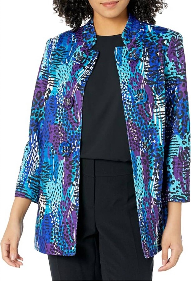 Multiples Quarter Sleeve Stand Collar Quilted Jacket In Blue And Purple
