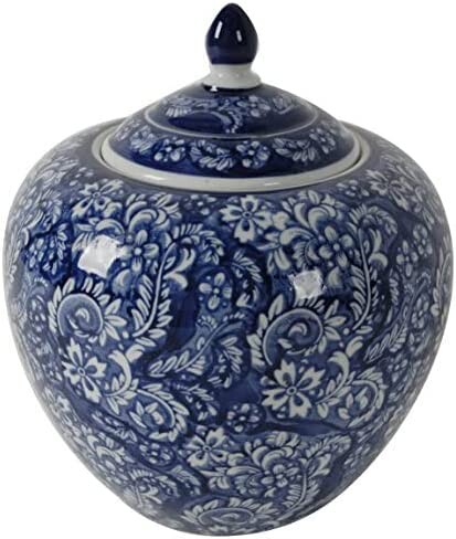 A&B Home 10'' Decorative Antique Porcelain Jar with Lid Flower Pot Planter Blue and White Vase Floral Print Centerpiece Home Decor Indoor Outdoor