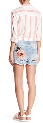Love, Fire Love, Distressed Stud Embroidered Patch Denim Short