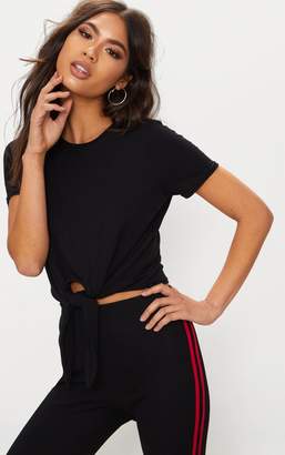 PrettyLittleThing Black Jersey Short Sleeve Tie Front T Shirt