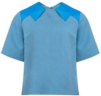 Manley Luna Wool Top With Neon Leather Collar Blue