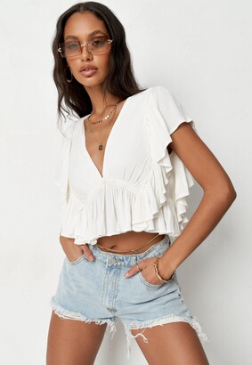 Missguided Cream Frill Sleeve Plunge Top
