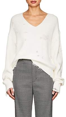 Helmut Lang Women's Distressed Cotton-Wool V-Neck Sweater - Ivorybone