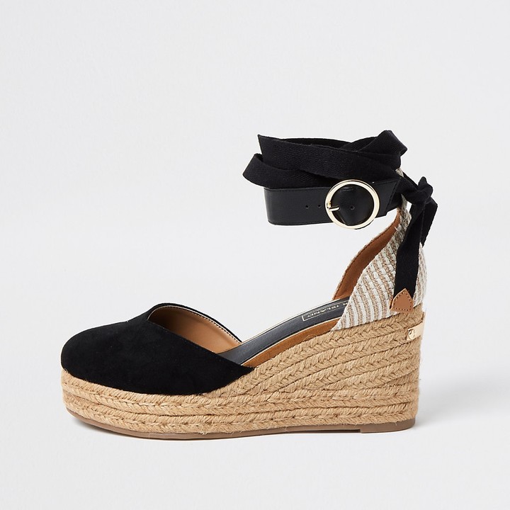 River Island Black lace-up ankle espadrille wedge sandals - ShopStyle