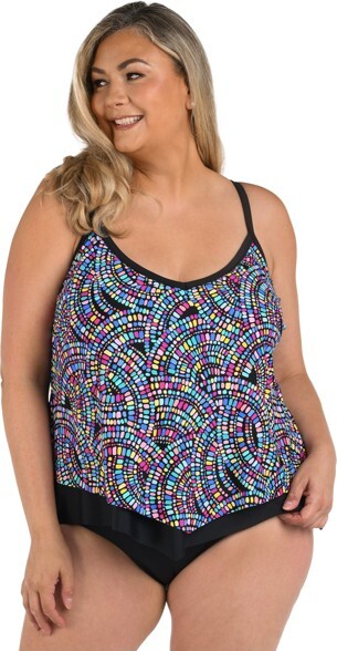 Maxine Of Hollywood MaxineofHollywoodWomen'sV-NeckFlutterTankiniSwimsuitTop,Multi//Colorburst,16W