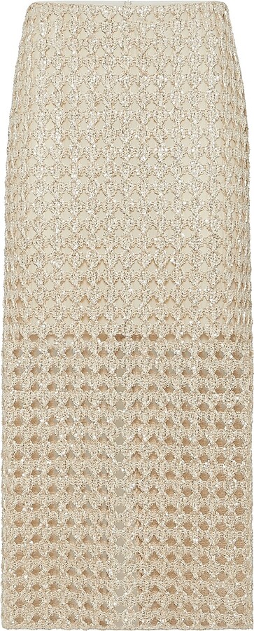 Brunello Cucinelli Women's Dazzling Zellige Embroidery Knit Midi Skirt in Jute and Cotton - Camel - Size 0