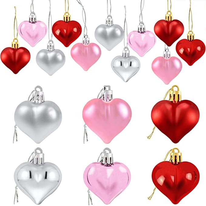 24Pcs Valentine's Day Heart Shaped Ornaments | Valentines Heart Decorations | Red Pink Silver Heart Shaped Baubles | Romantic Valentine's Day Hanging Decorations
