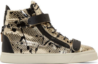 Giuseppe Zanotti Gold and Black Spattered Snakeskin London Miro Sneakers
