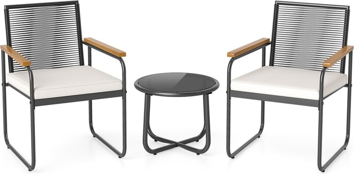 Gymax 3 Pieces Patio Furniture Set Pe Wicker Chairs and Side Table w/Armrests Padded Cushions