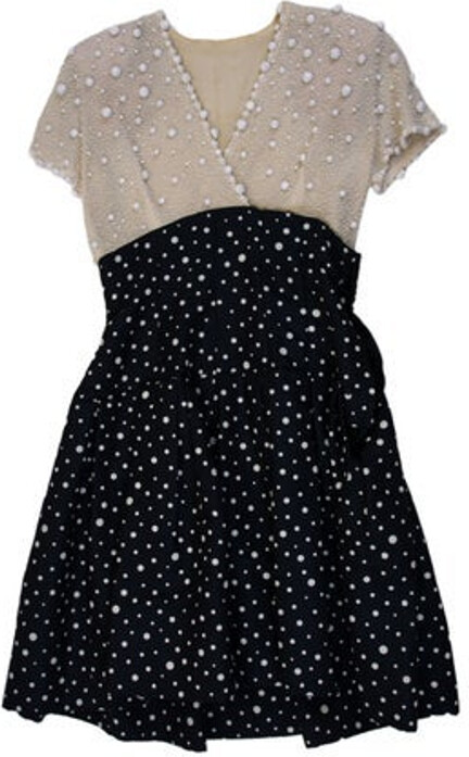 As seen on the Spring 1992 Haute Couture Runway, by Hubert de Givenchy. Givenchy Haute Couture A-Line Dress Vintage From the Spring/Summer 1992 Collection Blue Polka Dot Print Beaded Accents Long Sleeve with V-Neck Size not listed, estimated from measurements. Designer