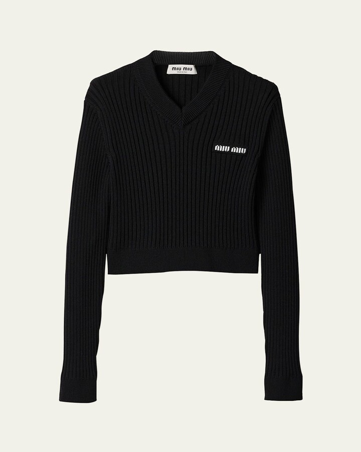 Miu Miu V-Neck Ribbed Wool Cropped Sweater